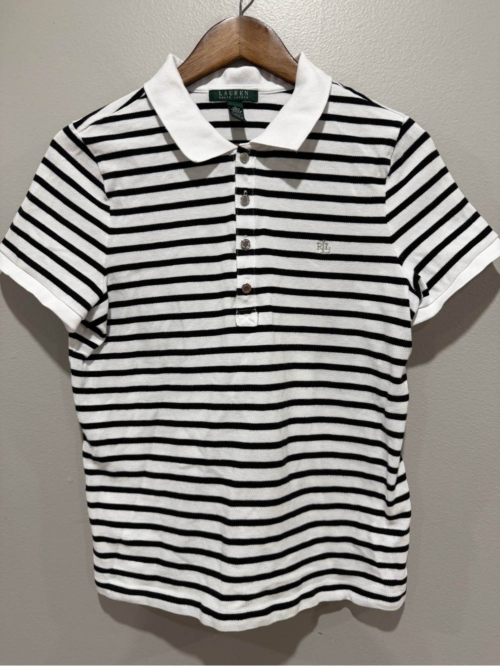 Lauren Ralph Lauren 100% Cotton White and Black Striped Polo Shirt Women size L